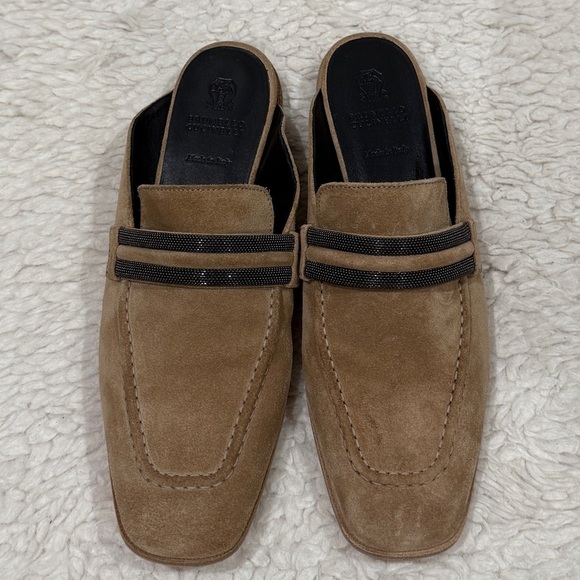 New Brunello Cucinelli Monili Embellished Suede Backless Mule Loafers Sz 38 US 8 - Picture 3 of 10